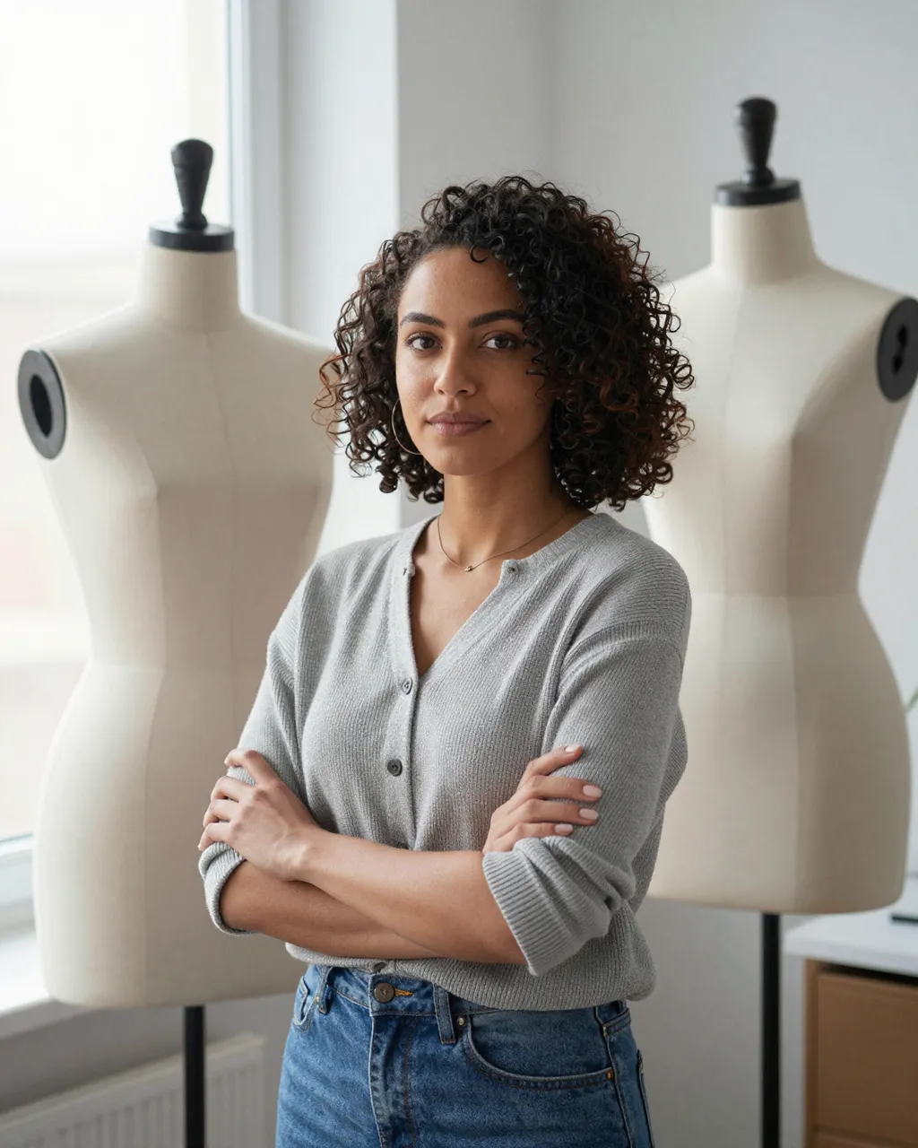 Mixed-race female designer stands with crossed arms between two dress forms beside a sunlit window