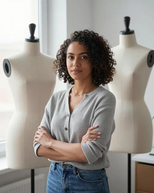 Mixed-race female designer stands with crossed arms between two dress forms beside a sunlit window