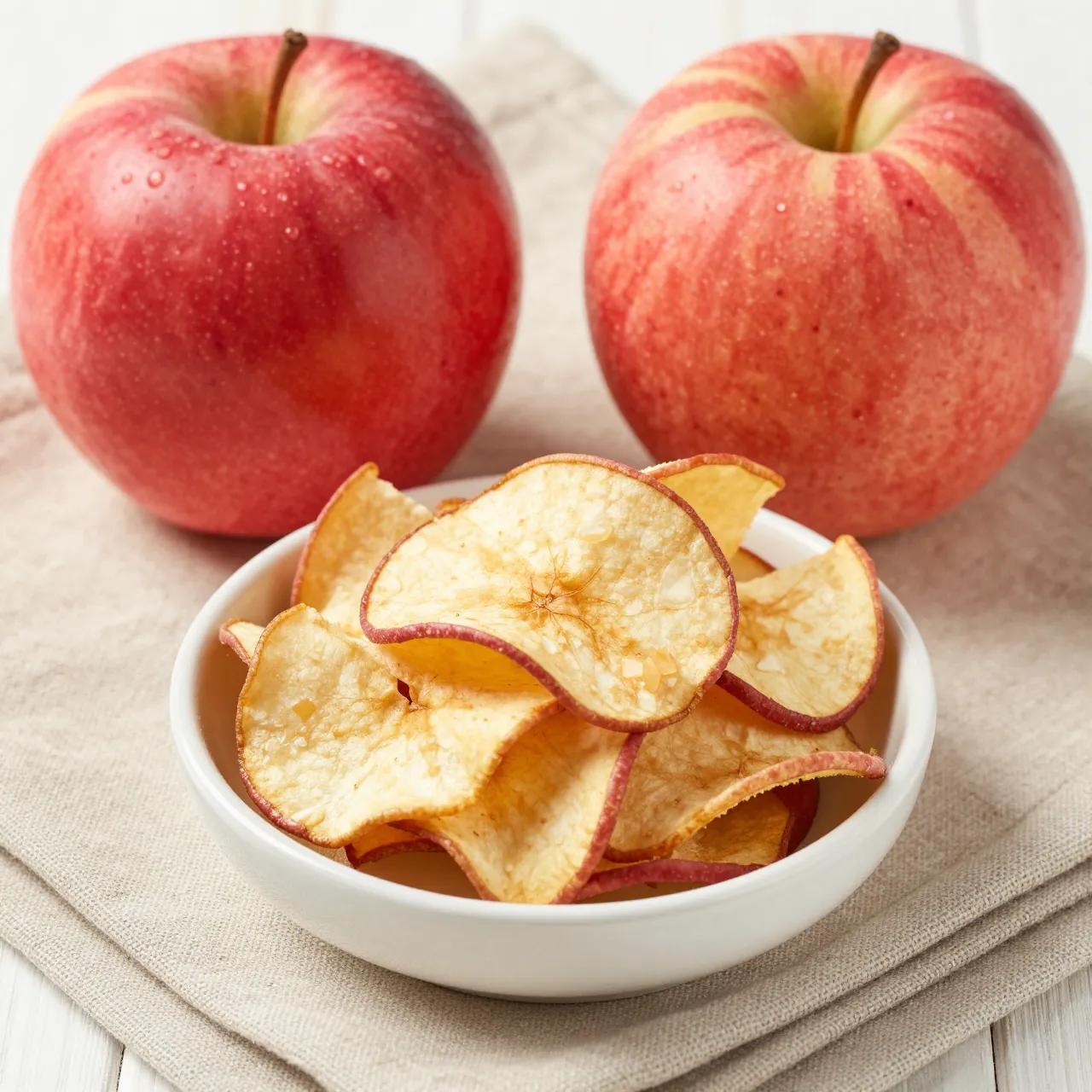 A white bowl of crisp dried apple chips sits beside whole red apples on a linen napkin