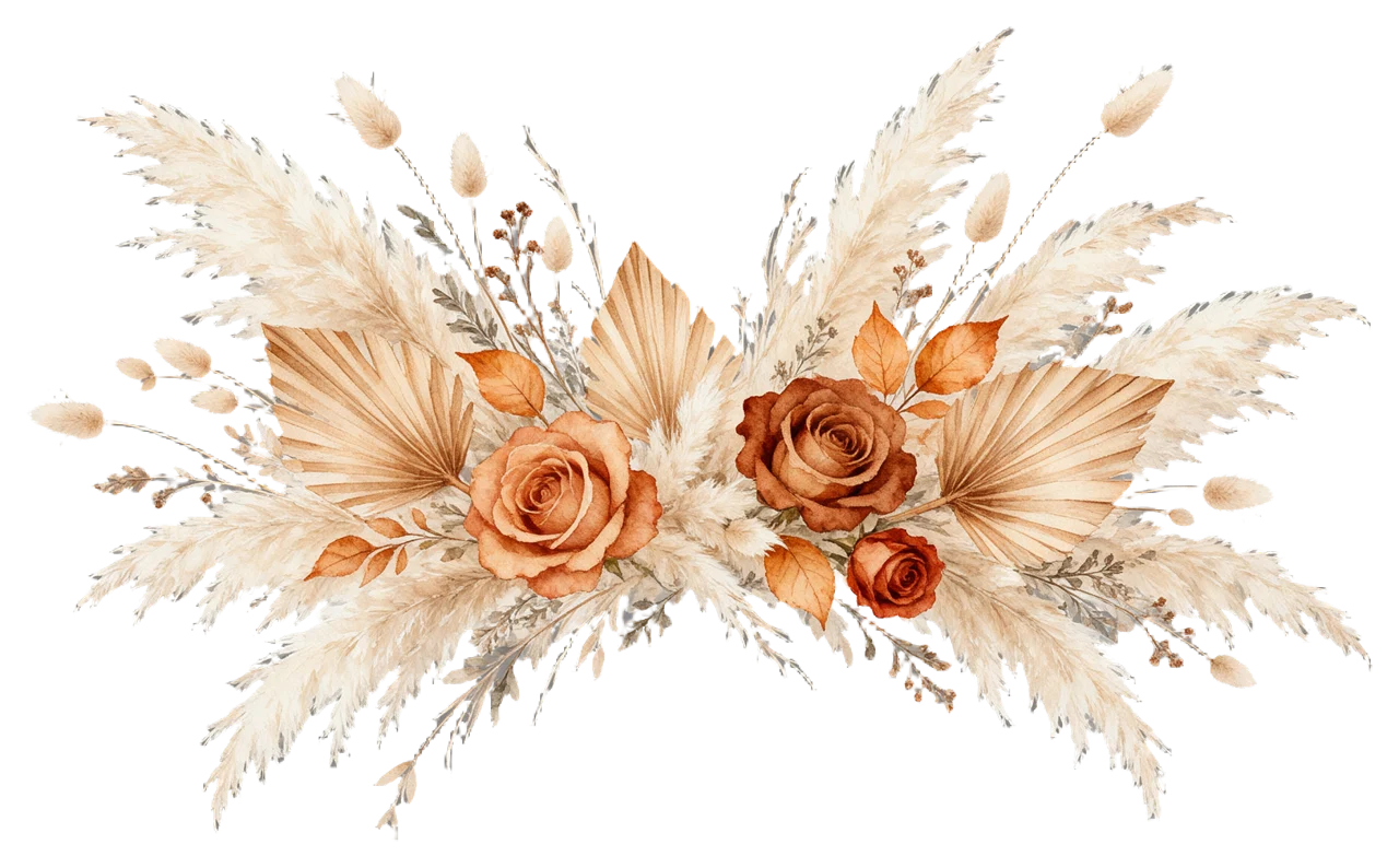 Watercolor illustration of a loose boho arc bouquet of dried flowers, grasses, and roses