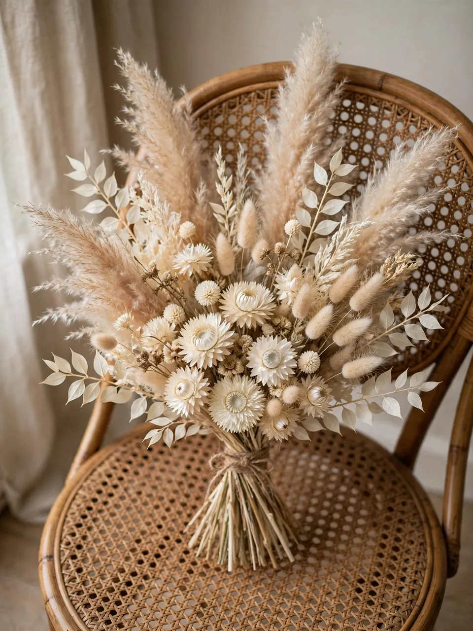 A neutral dried flower bouquet rests centered on a woven rattan chair beside a linen curtain.