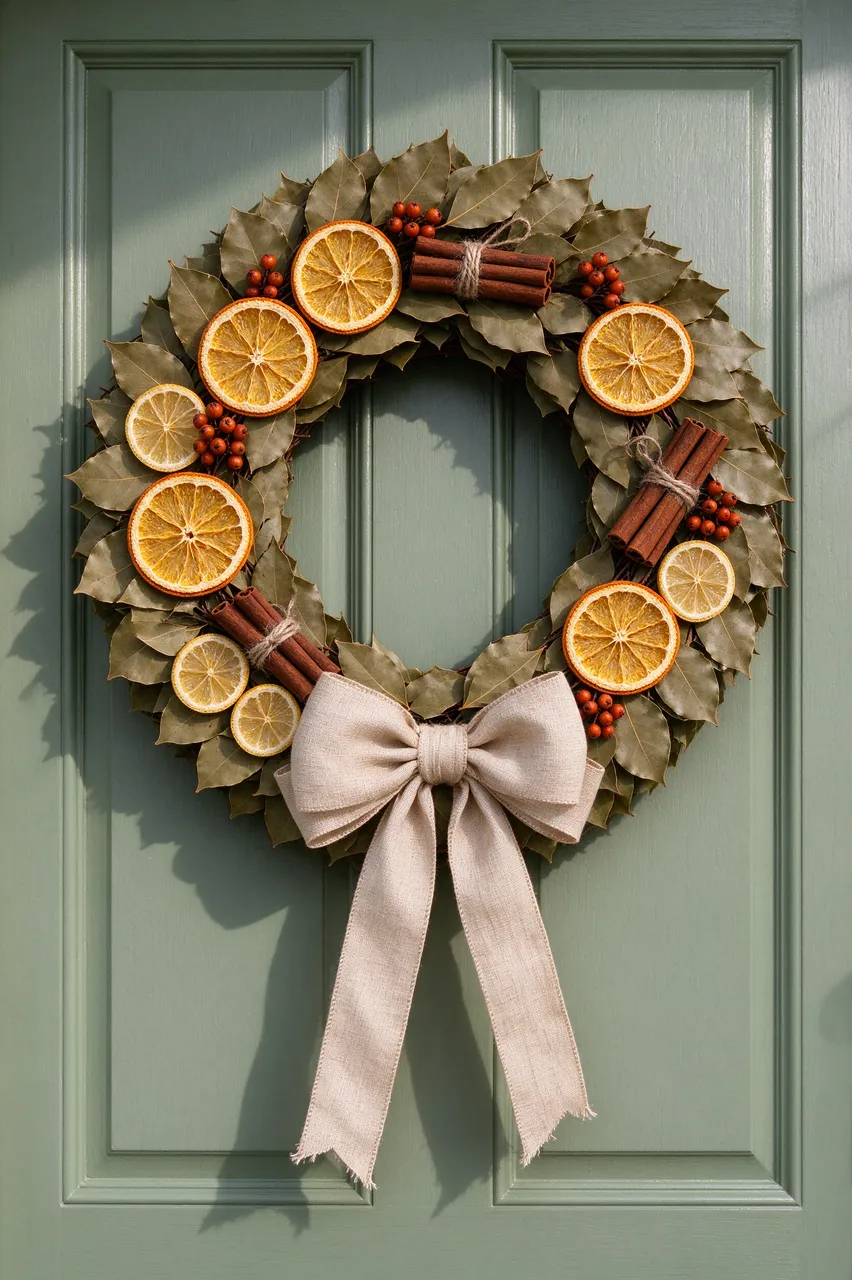 Festive dried citrus and cinnamon Christmas wreath with a linen bow hung on a sage green front door