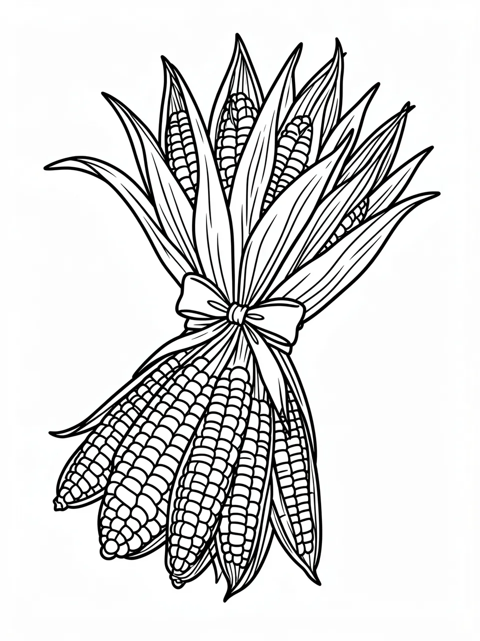 Black and white bold line art of a bundle of dried corn cobs tied with a bow on a plain white background