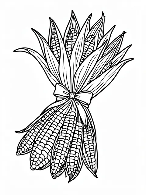 Black and white bold line art of a bundle of dried corn cobs tied with a bow on a plain white background