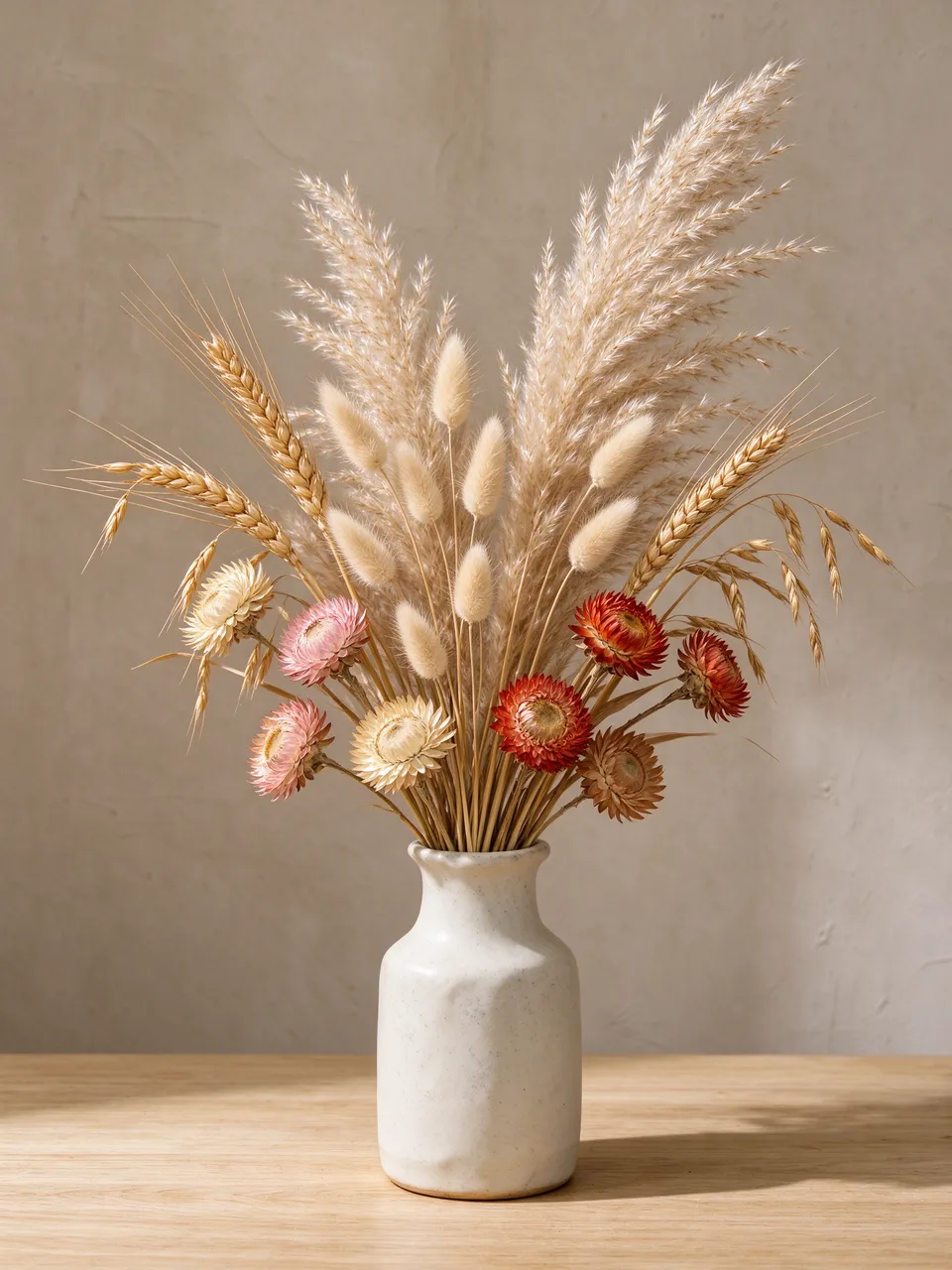Dried pampas grass, bunny tails, wheat and strawflowers in a white ceramic vase on a wooden table