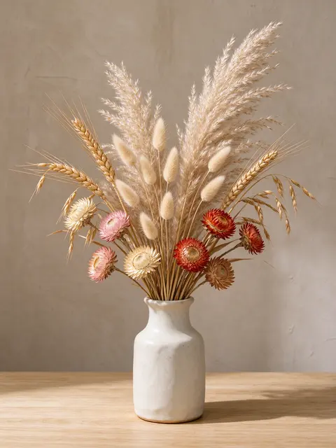Dried pampas grass, bunny tails, wheat and strawflowers in a white ceramic vase on a wooden table