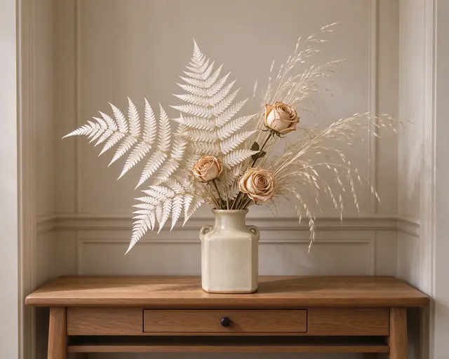 A dried flower arrangement sits in a cream ceramic vase on a wooden hallway console table.