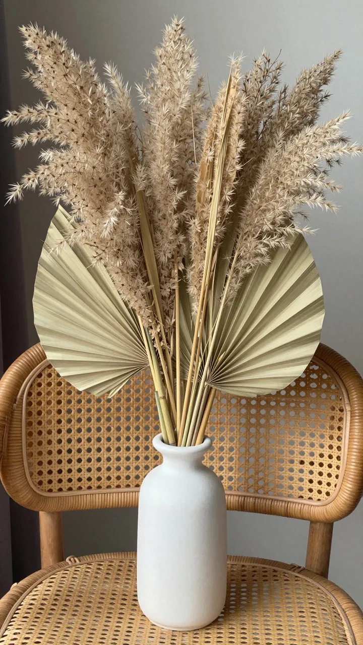 Pampas grass and dried palm leaves in a white ceramic vase rest on a woven rattan chair