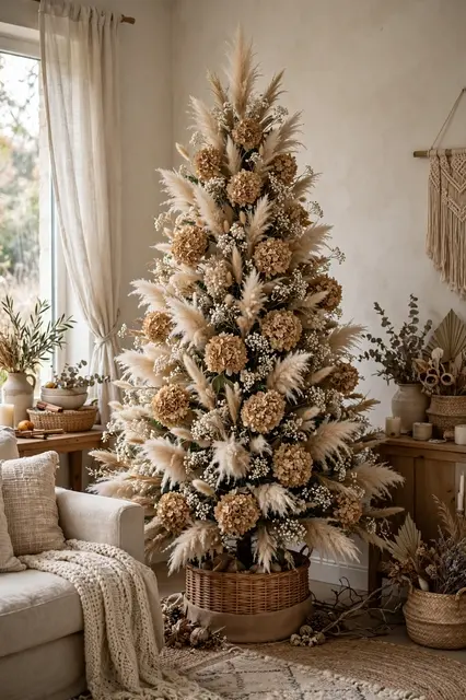 Neutral boho living room displays a Christmas tree decorated with dried hydrangea, pampas grass and gypsophila.