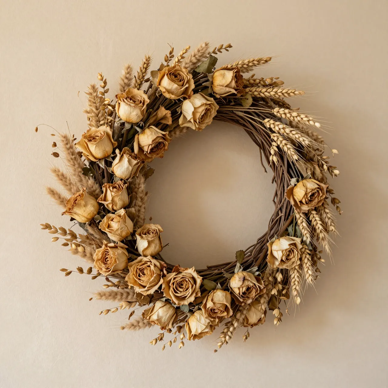 A dried wreath of preserved roses, wheat and grass hangs on a warm neutral plaster wall with soft side lighting.