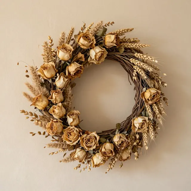 A dried wreath of preserved roses, wheat and grass hangs on a warm neutral plaster wall with soft side lighting.