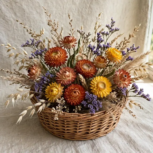 Terracotta and mustard strawflowers, dried grasses, and sea lavender fill a woven wicker basket set against linen fabric.