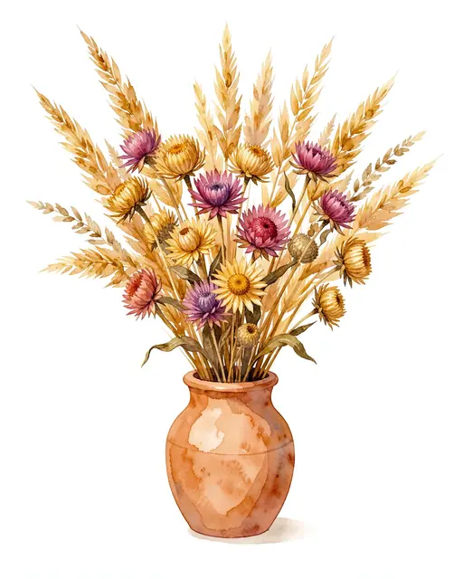 Watercolor illustration of a strawflower and golden grass bouquet arranged in a terracotta clay vase against a plain white