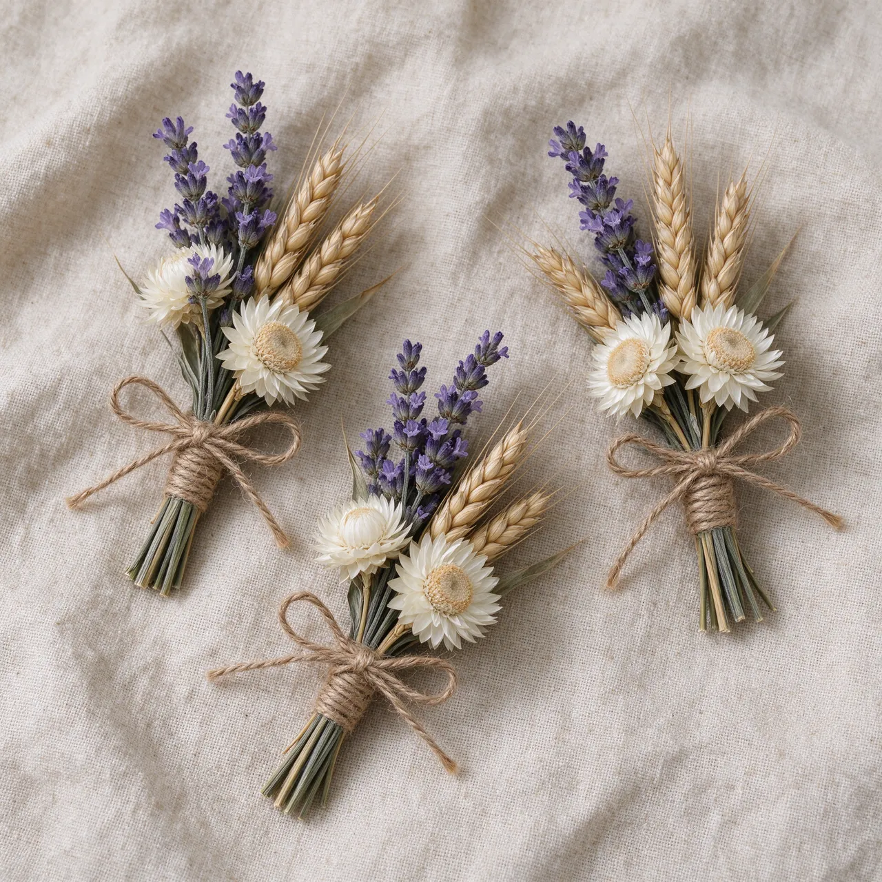 Three matching dried floral boutonnieres rest arranged on soft crumpled raw linen fabric