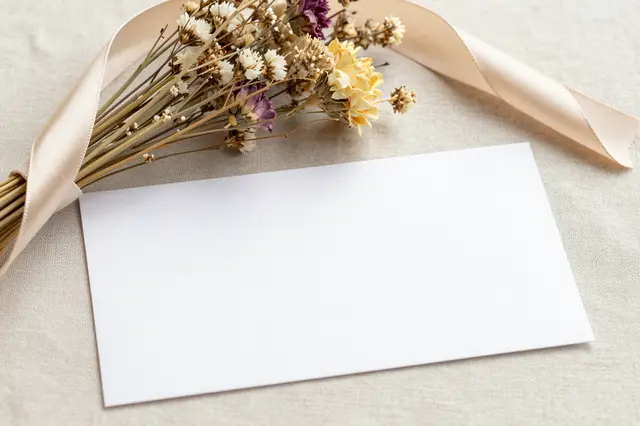 A flat lay arrangement of dried flowers, satin ribbon and a blank white card resting on textured linen fabric