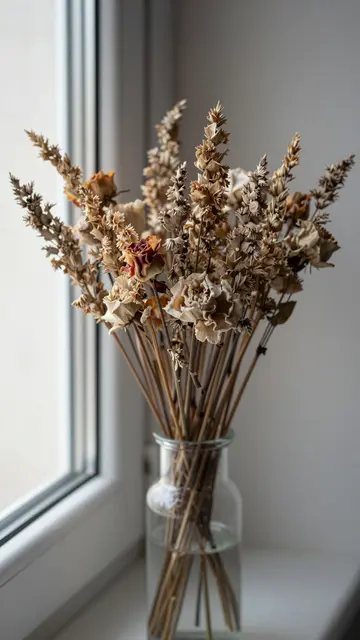 A bouquet of dried flowers arranged in a clear glass vase rests on a bright windowsill.