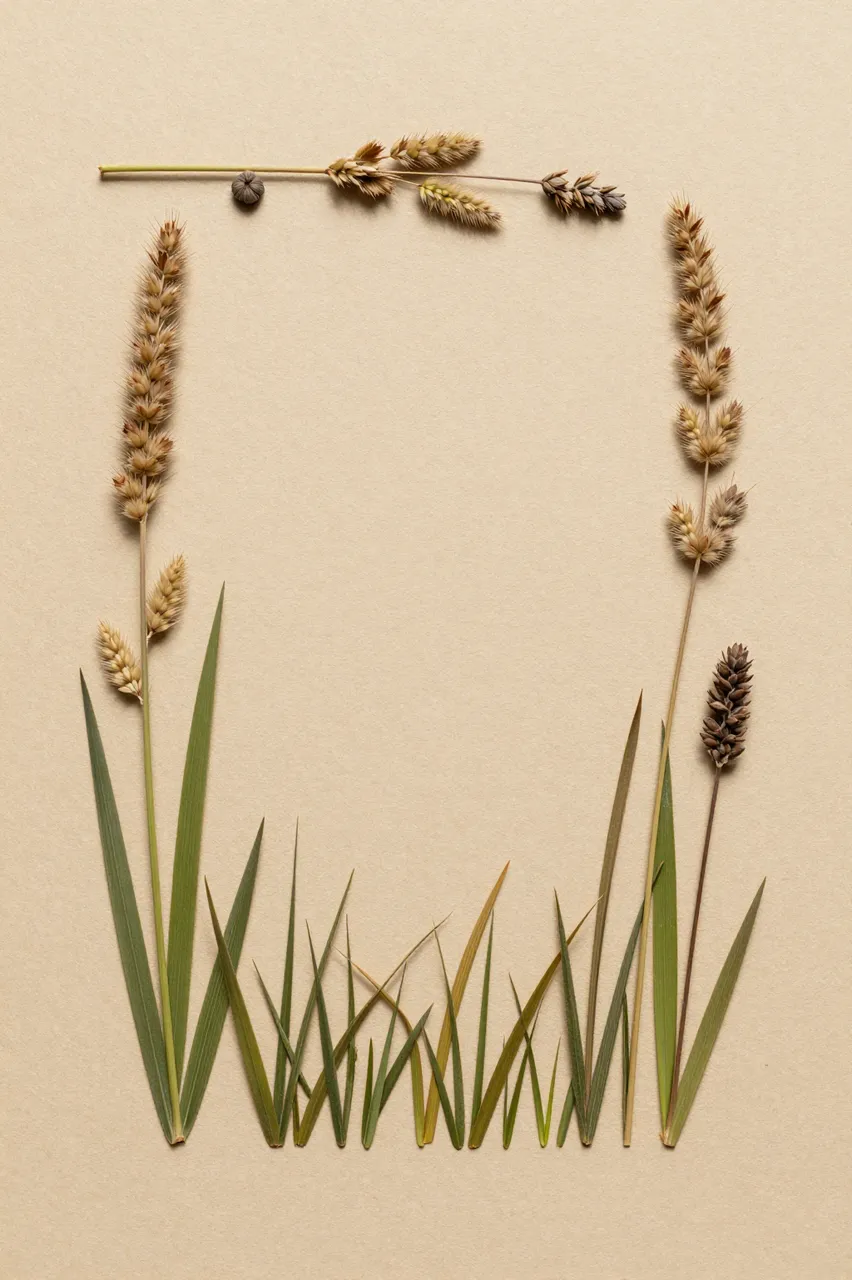 Overhead view of pressed grasses and seed heads arranged as a rectangular frame on light kraft paper