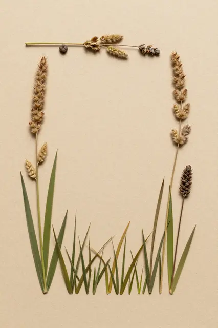 Overhead view of pressed grasses and seed heads arranged as a rectangular frame on light kraft paper