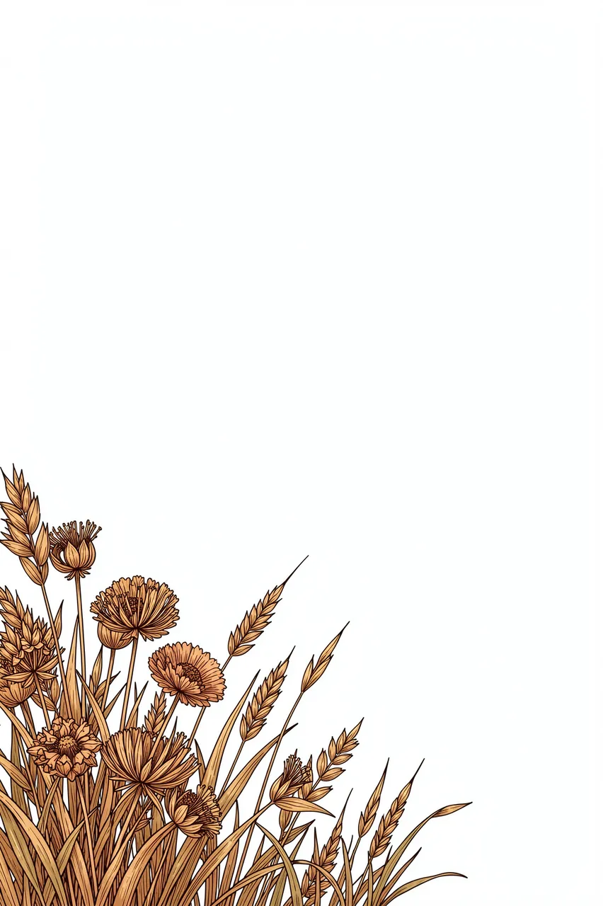 Line art illustration of dried fall grasses and seed heads clustered in the bottom left corner with empty copy space above