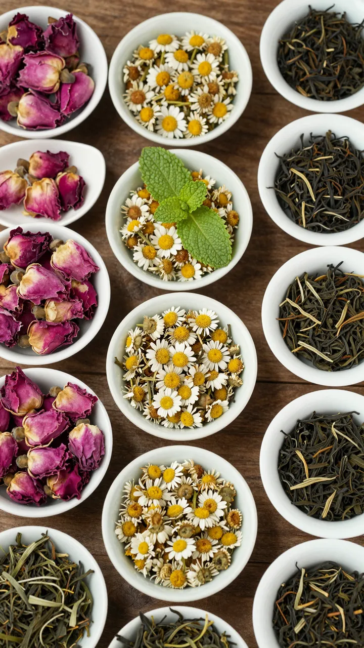 Top-down flat lay of small white ceramic bowls holding dried tea, rose petals, chamomile, and mint on a rustic wooden table.