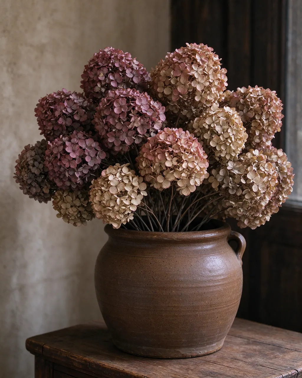 Faded mauve and parchment dried hydrangeas sit in a brown stoneware crock on a rustic wooden side table.