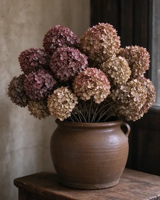 Faded mauve and parchment dried hydrangeas sit in a brown stoneware crock on a rustic wooden side table.
