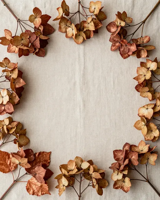 Top view frame of dried hydrangea heads arranged around empty space on pale oatmeal linen