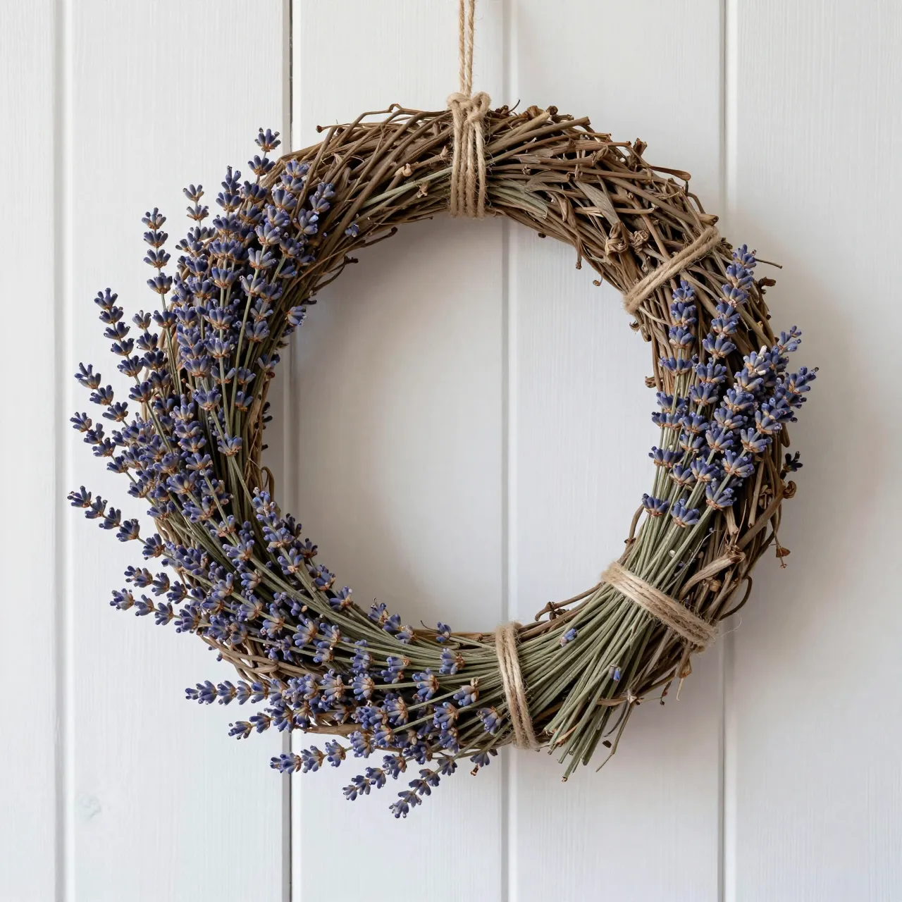A handmade dried lavender wreath tied with twine hangs on a white paneled wooden wall.