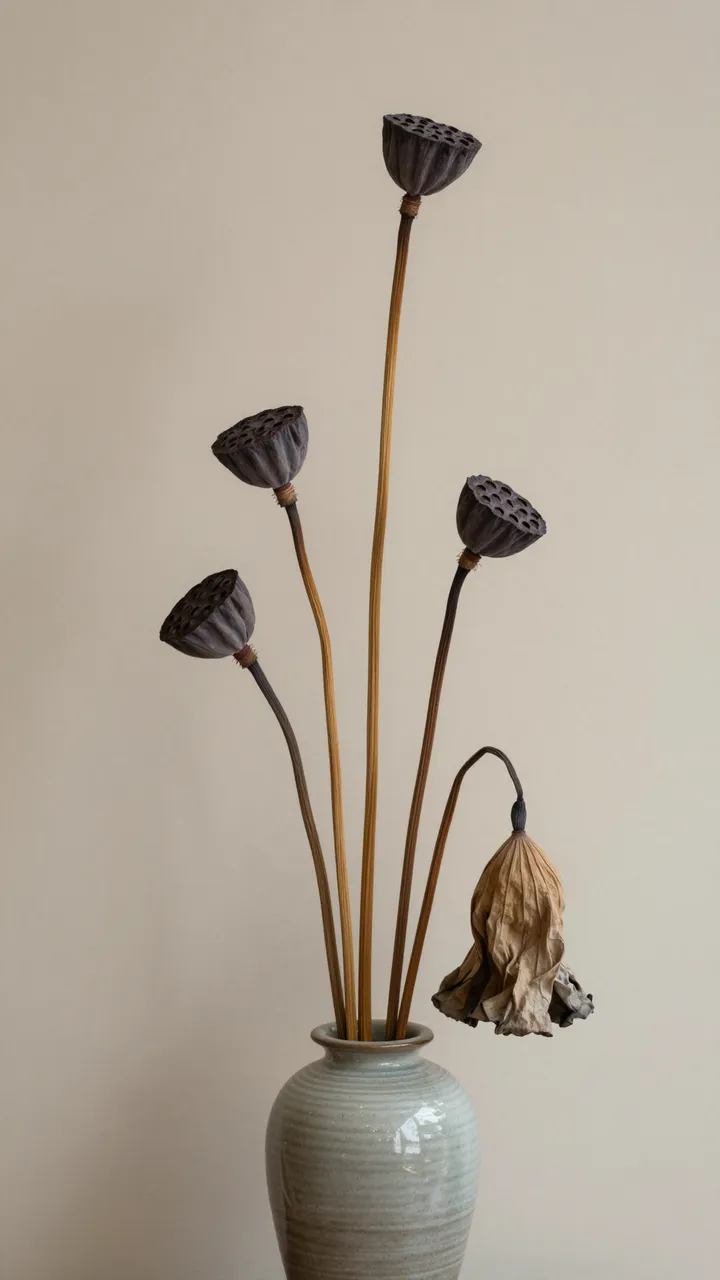 Dried lotus seed heads and a wilted leaf on long stems stand in a glazed ceramic vase against a plain beige wall