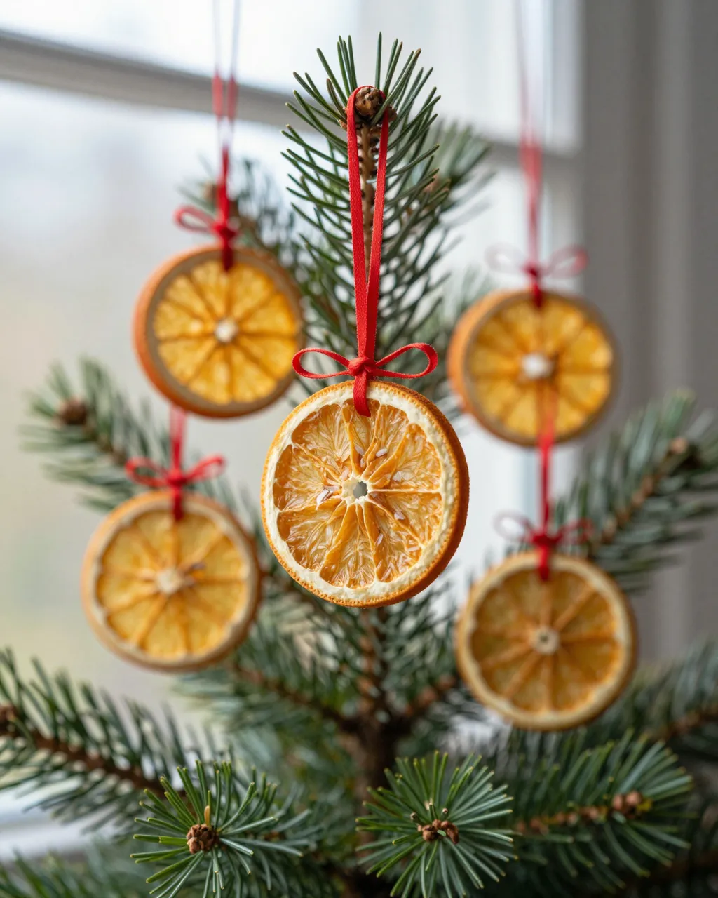 Dried orange slice ornaments tied with red ribbon hang on a pine branch by a sunlit window.