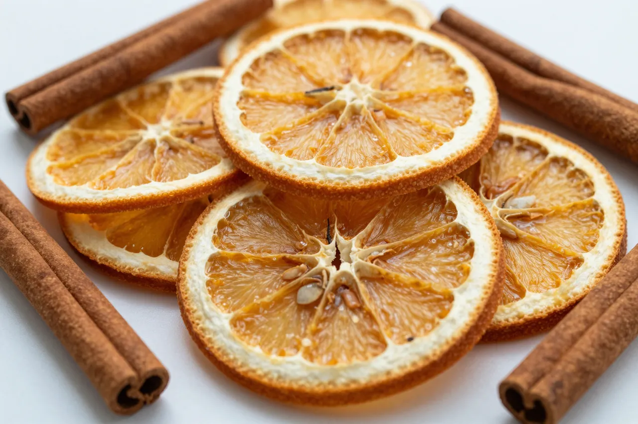 Close-up of stacked dried orange slices surrounded by cinnamon sticks on a pale white surface