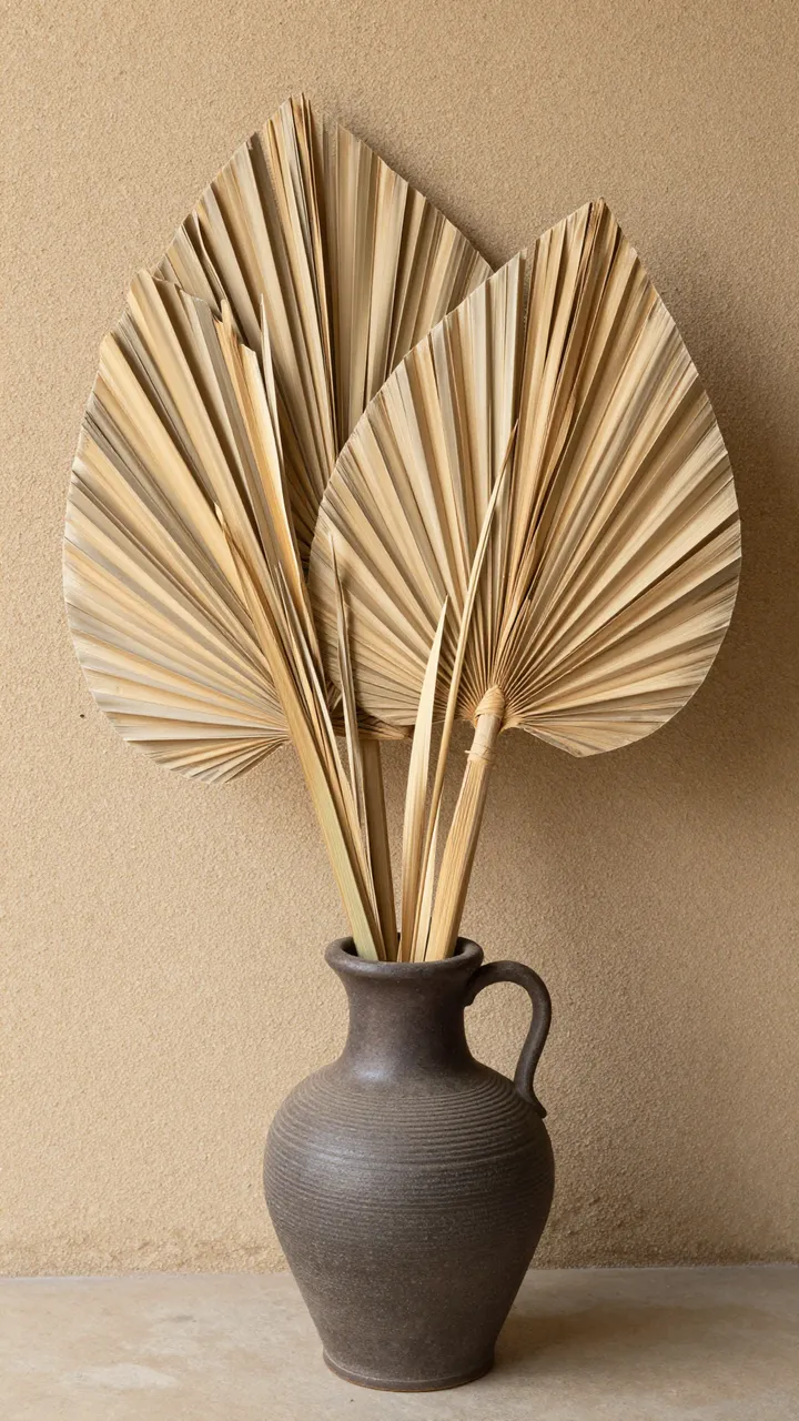 Dried palm fan fronds arranged in a textured brown stoneware jug against a warm textured sand wall.