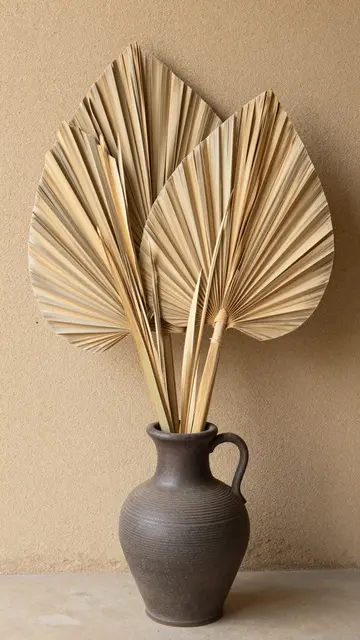 Dried palm fan fronds arranged in a textured brown stoneware jug against a warm textured sand wall.