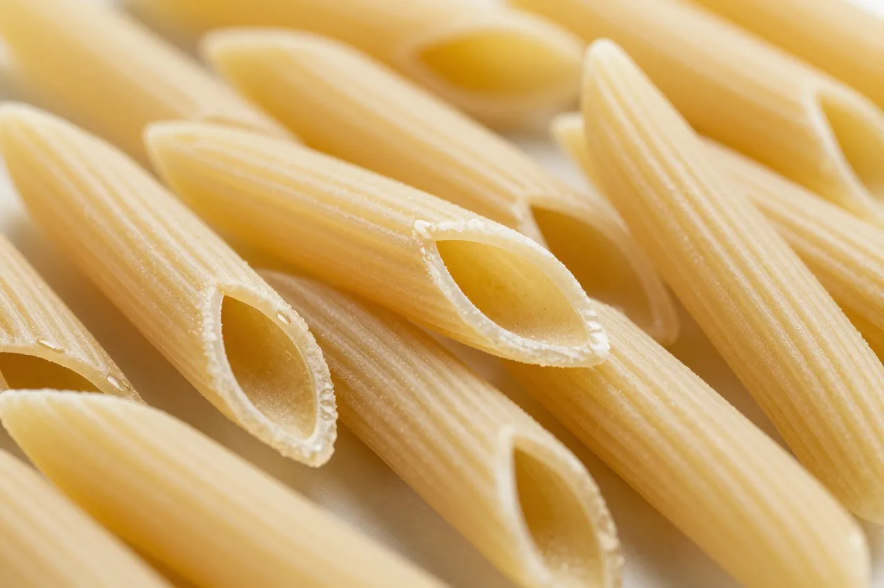 Close-up shot of uncooked ridged penne pasta filling the frame in soft natural light