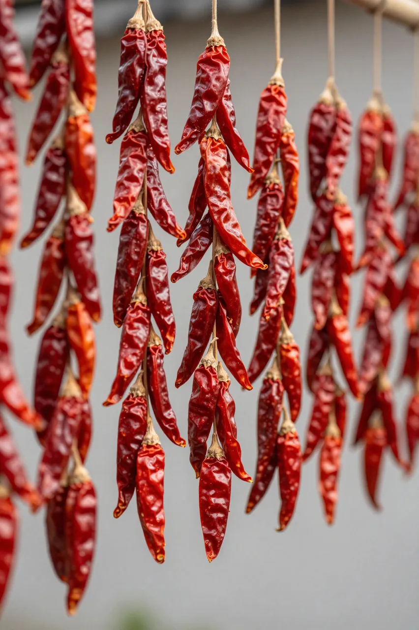 Strands of wrinkled dried red chili peppers hang vertically to cure against a soft blurred background