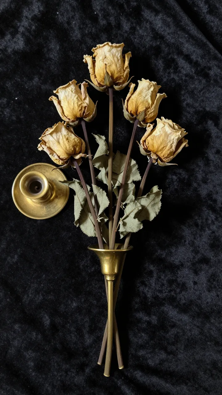 Dried cream roses and brass candlestick arranged on dark plush velvet fabric in low-key light