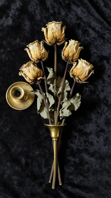 Dried cream roses and brass candlestick arranged on dark plush velvet fabric in low-key light