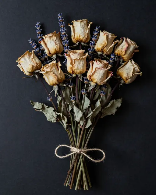 A top-down view of a dried rose and lavender bouquet tied with twine against a dark solid background