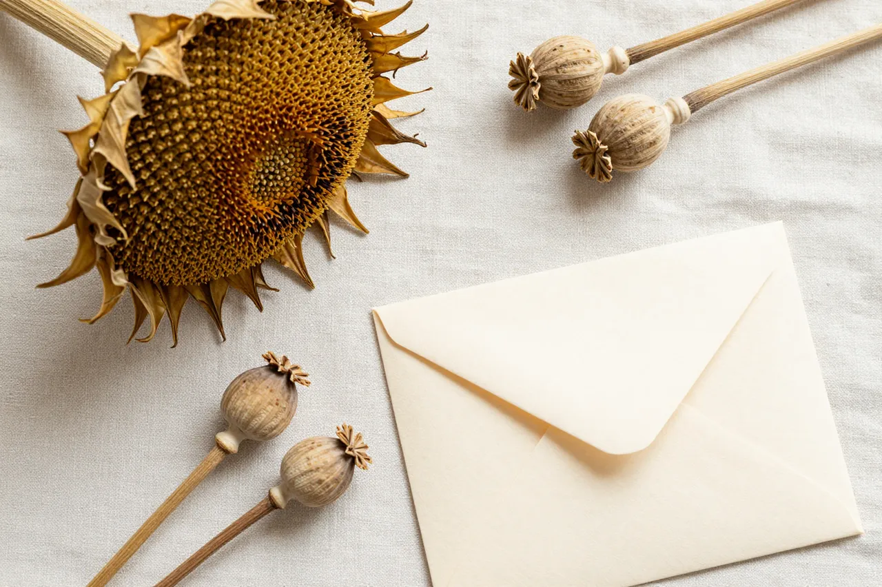 Flat lay of dried sunflower and poppy seed heads arranged next to a cream envelope on linen fabric.