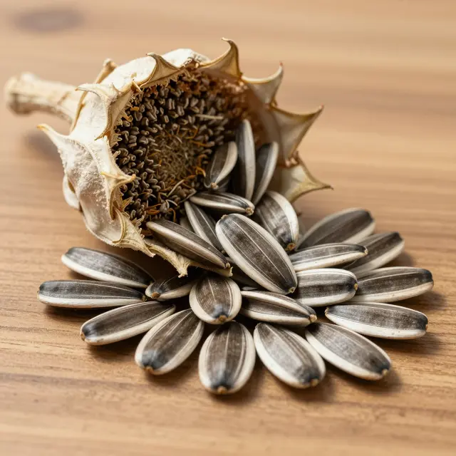 Dried sunflower head rests on a wooden table with striped sunflower seeds spilling out onto the surface