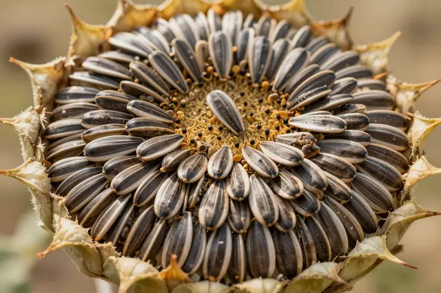 Close-up macro view of a mature dried sunflower head packed full of striped sunflower seeds