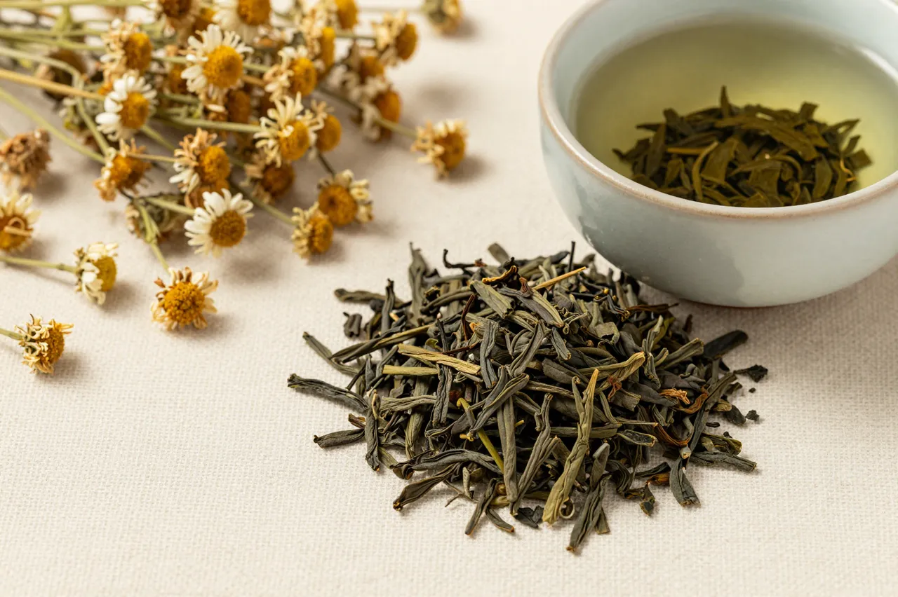 Top view of loose tea leaves, a ceramic cup, and dried chamomile arranged on plain linen with empty copy space.