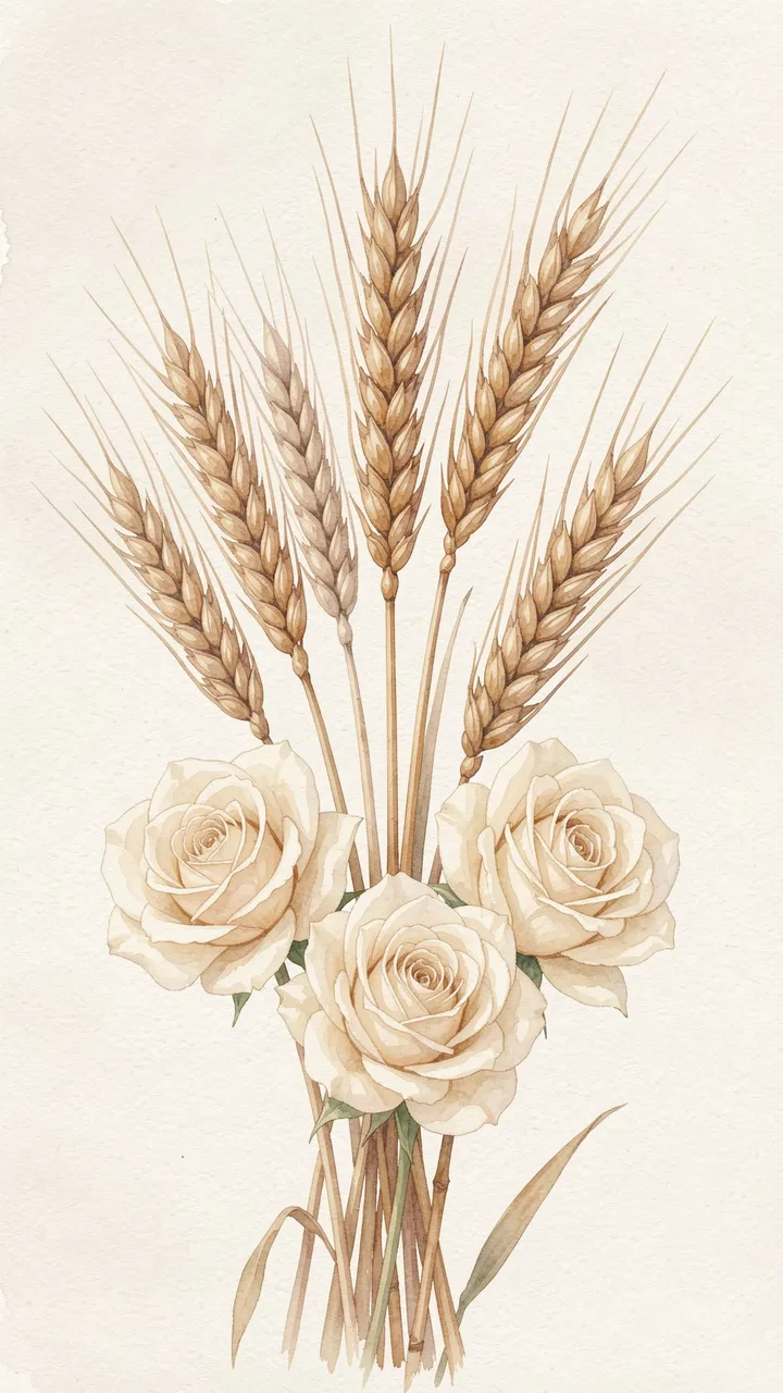 Watercolor illustration of a bouquet of dried wheat stalks and cream roses against a soft beige background