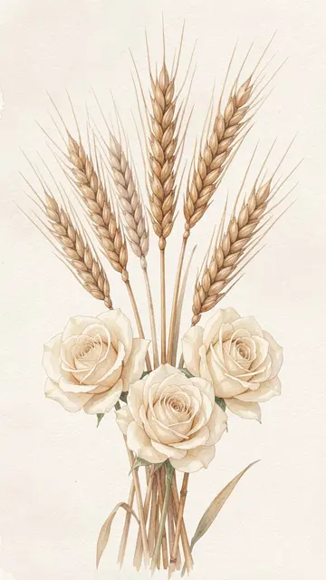 Watercolor illustration of a bouquet of dried wheat stalks and cream roses against a soft beige background