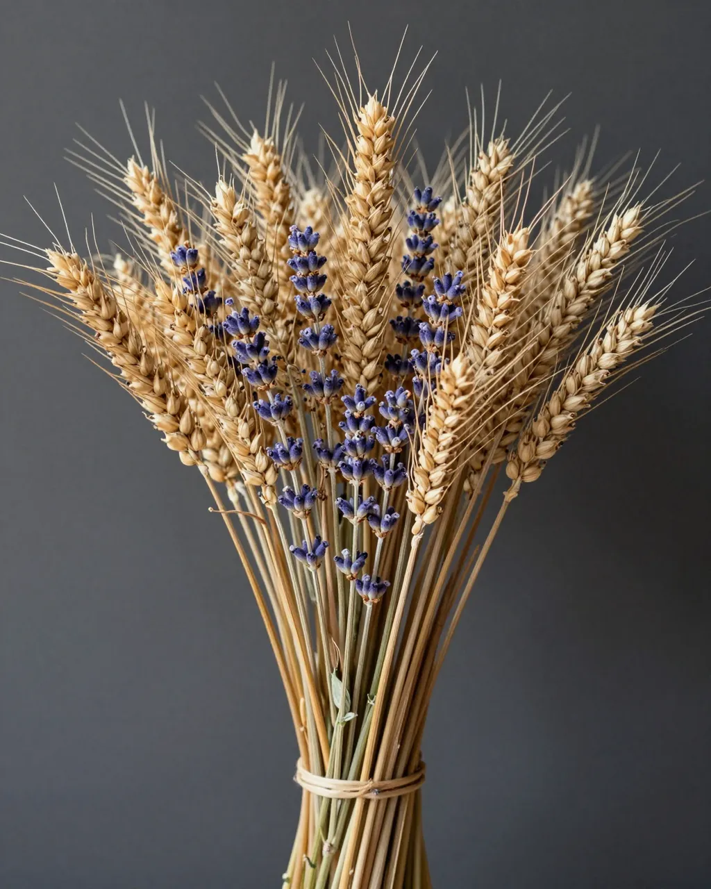 Rustic dried bouquet of golden wheat stalks and purple lavender tied with twine against a dark gray background