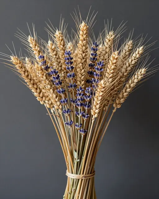 Rustic dried bouquet of golden wheat stalks and purple lavender tied with twine against a dark gray background