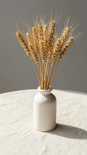 A bouquet of dried wheat stems sits in a white plaster vase on a cream linen table against a soft gray wall.