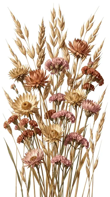 Vertical arrangement of hand-painted dried strawflowers, statice, and oat stems on a plain white background
