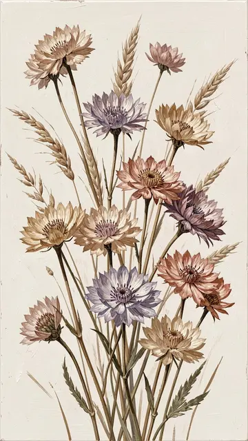 Vertical painted bouquet of dried scabiosa and strawflowers in muted dusty tones against an off-white background