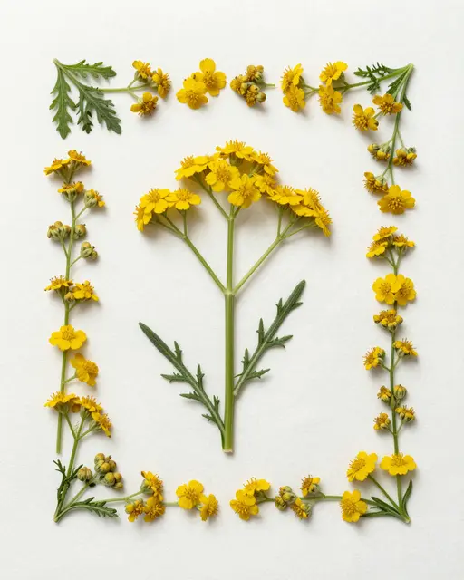 Pressed yellow yarrow and tansy flowers form a square frame with a central sprig on white textured paper